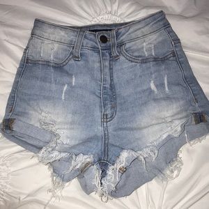 High waisted distressed denim shorts